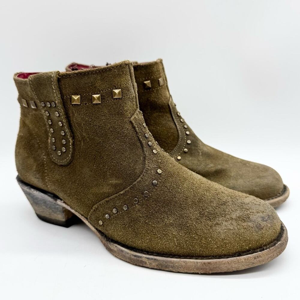 Ferrini‎ Women's Suede Studded Western Booties Round Toe Stacked Heel Green 8.5